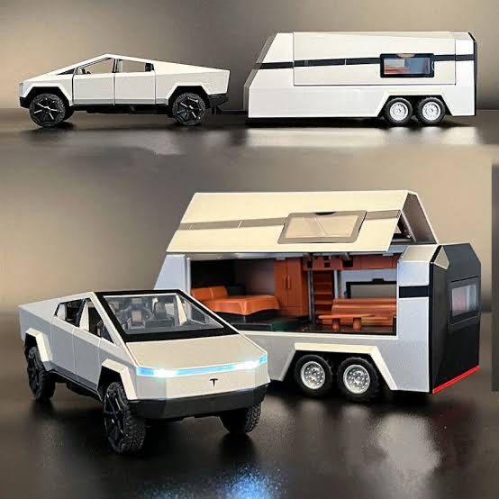 Tesla Cybertruck with Pickup Trailer Alloy Car Model Scale (1:32)- Diecast Metal Off-Road Vehicles Truck Model Sound and Light Kids - playmaster