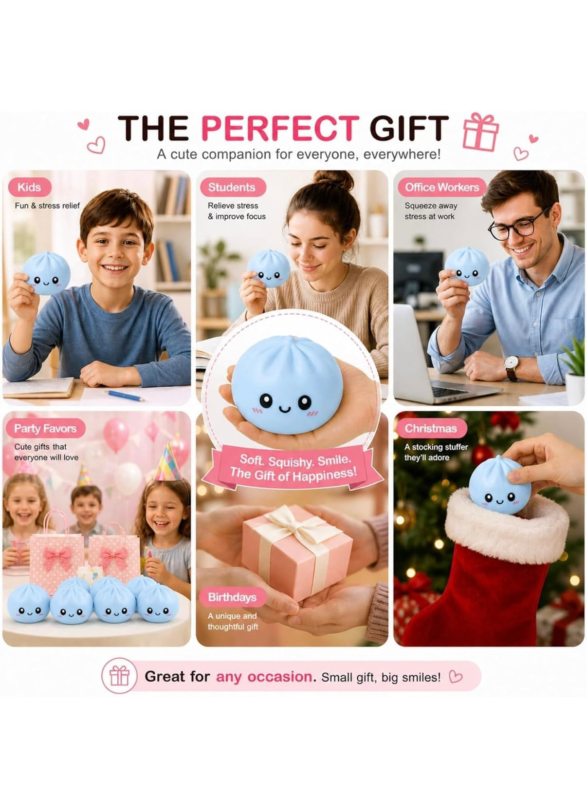 12 Pcs Full Box Big Size set sparkle Squishy Bun Toys Stress Relief Fidget Toys Soft Squeeze Steamed Bun Dumpling Mochi Squishies Sensory Toys for Adults Party Return Gifts Desk Toys with Display Box