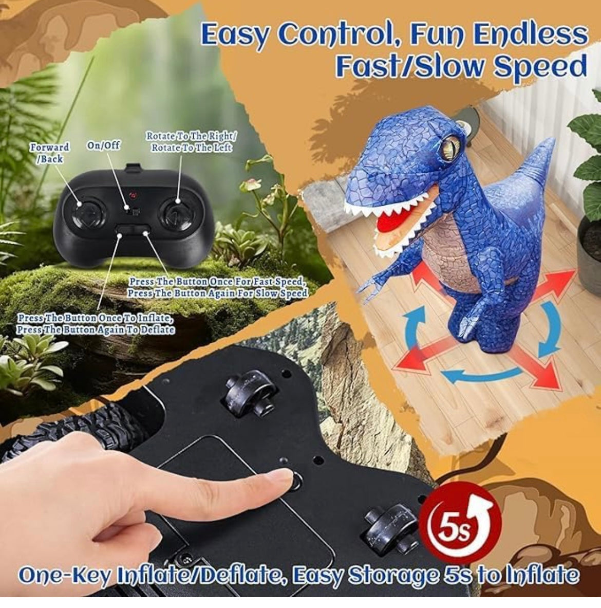 2025 New launch playmaster toys 3 Feet Inflatable Dinosaur RC Toy for Kids, Electric Dinosaur Toy with 360°Rotation, Rechargeable T-Rex RC Walking for Boys & Girls - self inflatable dinosaur