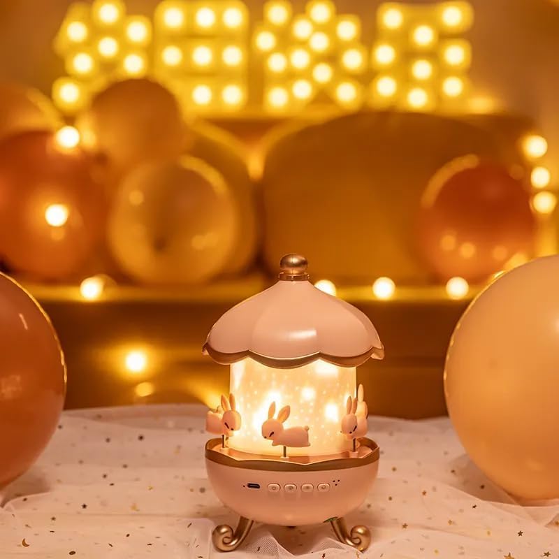Bunny Carousel Night Light Projector | 6 Set Films Rotating LED Lamp | Star Projection Light for A Magical Nursery Atmosphere | Rabbit Night Lamp for Kids Room (Pink Bunny Night Light)