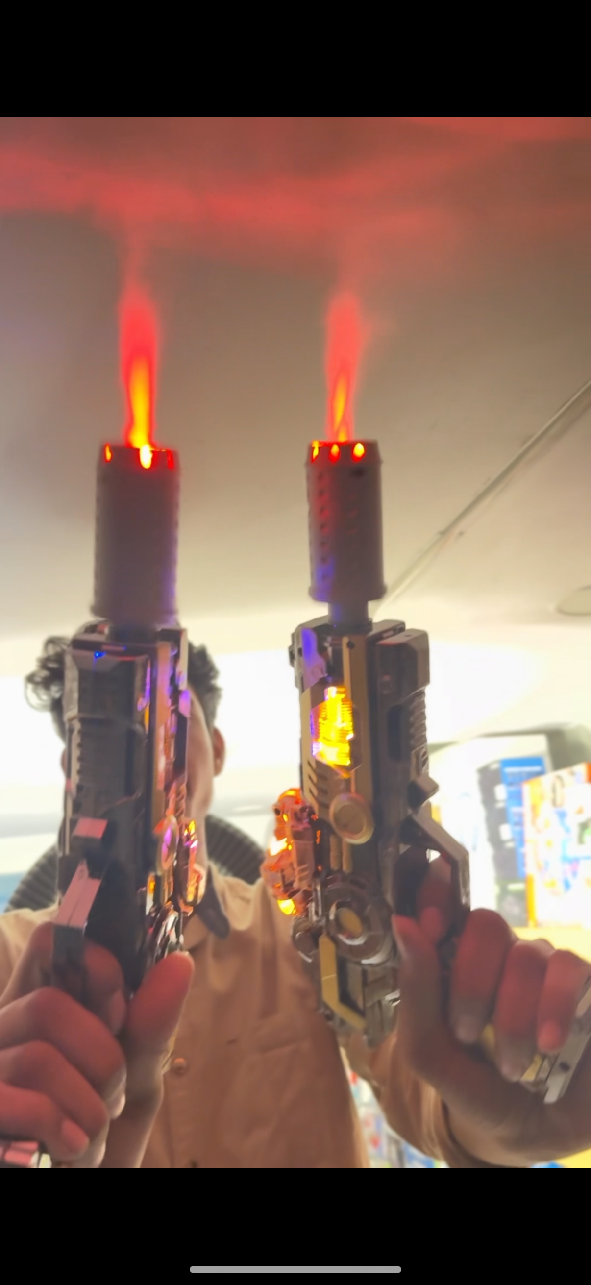 (Flame Musical gun With Moving Top Loader and smoke Telescopic Barrel And Target Projection Effect - vibrating gun with lights and music