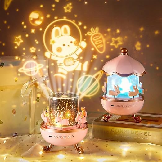 Bunny Carousel Night Light Projector | 6 Set Films Rotating LED Lamp | Star Projection Light for A Magical Nursery Atmosphere | Rabbit Night Lamp for Kids Room (Pink Bunny Night Light)