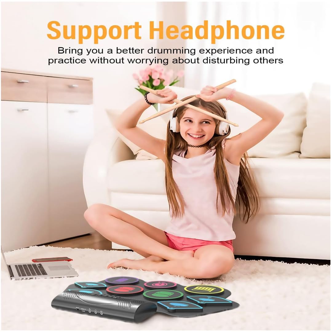 Electronic Drum Set, Electric Drum with 9 Colourful Pads Set, 19×13 Inch Roll-Up Drum Portable Drum Pad Kit with MIDI Education Function, Built-in Speaker, Supports Headphone/Bluetooth, Best Gifts for Kid's - playmaster toys