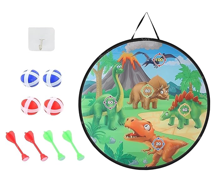 28-Inch Dinosaur Target Board Set, 73 cm Foldable Design, with 4 Balls, 4 Darts, 4 Flying Discs, Indoor Outdoor Game for Children