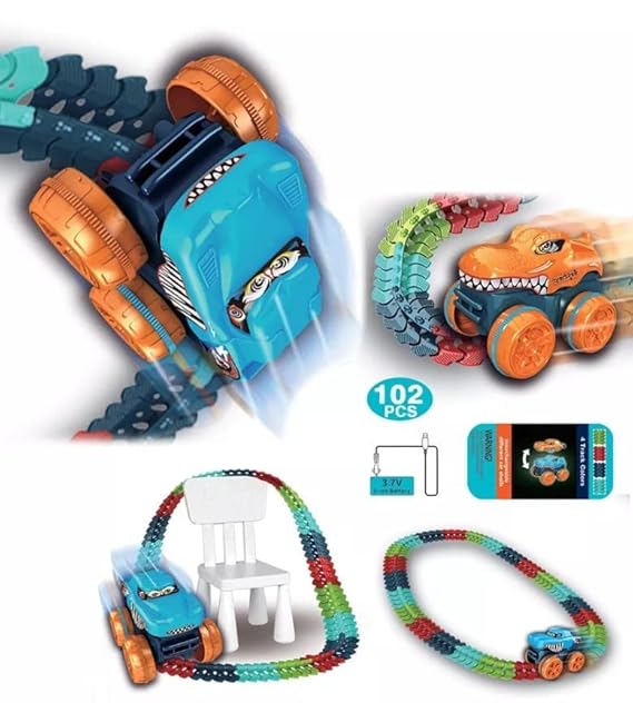 Monster Wheels Dinosaur Race Track Set, 102 Pieces, Light-up LED Car with Flexible Track, Battery Operated Racing Toy for Ages 3-10 Years