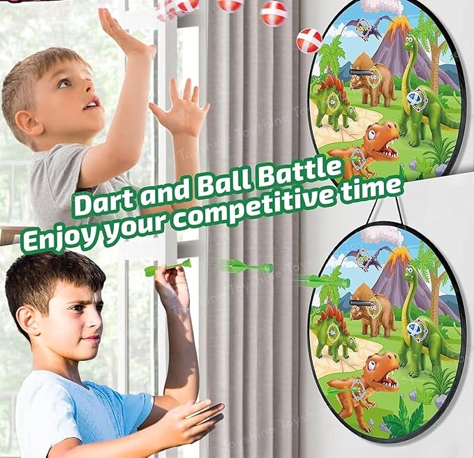 28-Inch Dinosaur Target Board Set, 73 cm Foldable Design, with 4 Balls, 4 Darts, 4 Flying Discs, Indoor Outdoor Game for Children