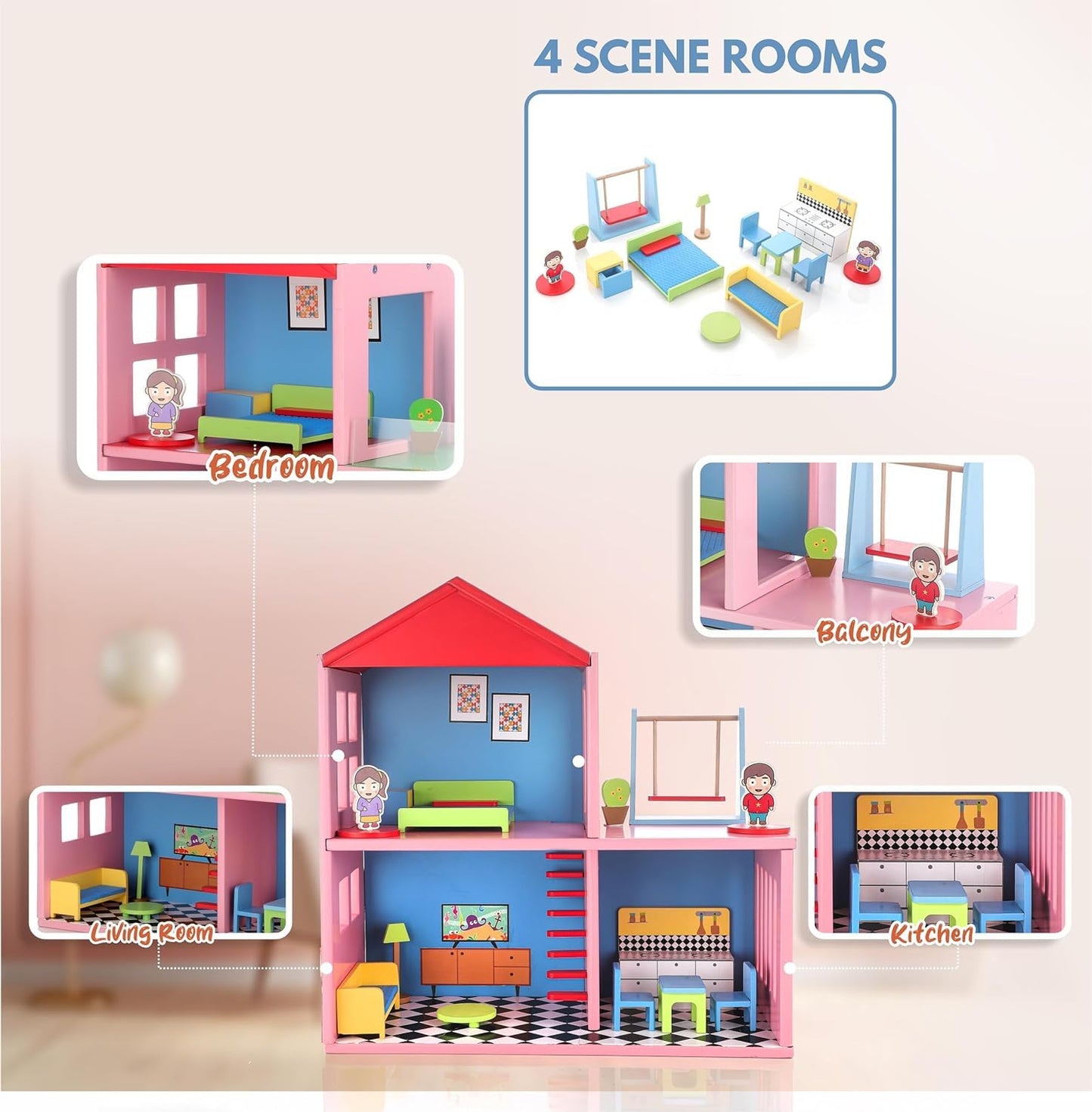 Wooden Doll House for Kids, 4 Rooms with Furniture, 16 Pieces Pretend Play Set, Non-Toxic Paint, Ages 3+