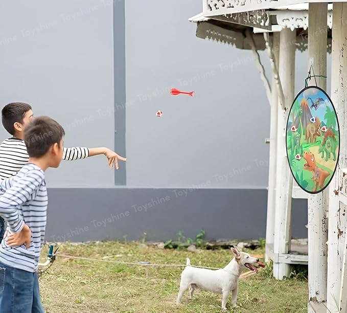 28-Inch Dinosaur Target Board Set, 73 cm Foldable Design, with 4 Balls, 4 Darts, 4 Flying Discs, Indoor Outdoor Game for Children