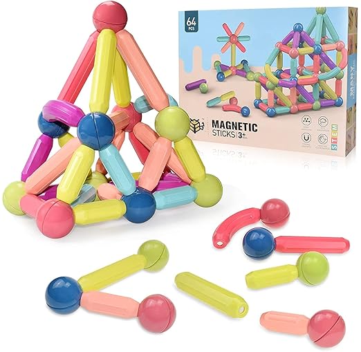 64 PCS Magnetic Building Block STEM Toy for Kids 5+ Years-Premium Magnetic Sticks and Balls Set- Different Sizes & Curve Shaped - for Boys and Girls