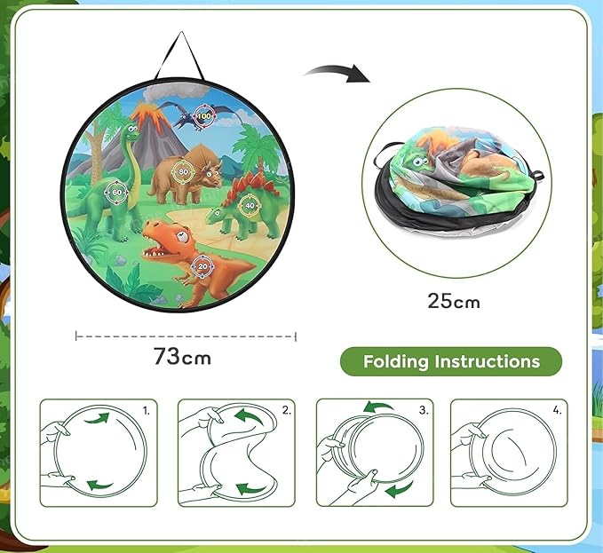 28-Inch Dinosaur Target Board Set, 73 cm Foldable Design, with 4 Balls, 4 Darts, 4 Flying Discs, Indoor Outdoor Game for Children