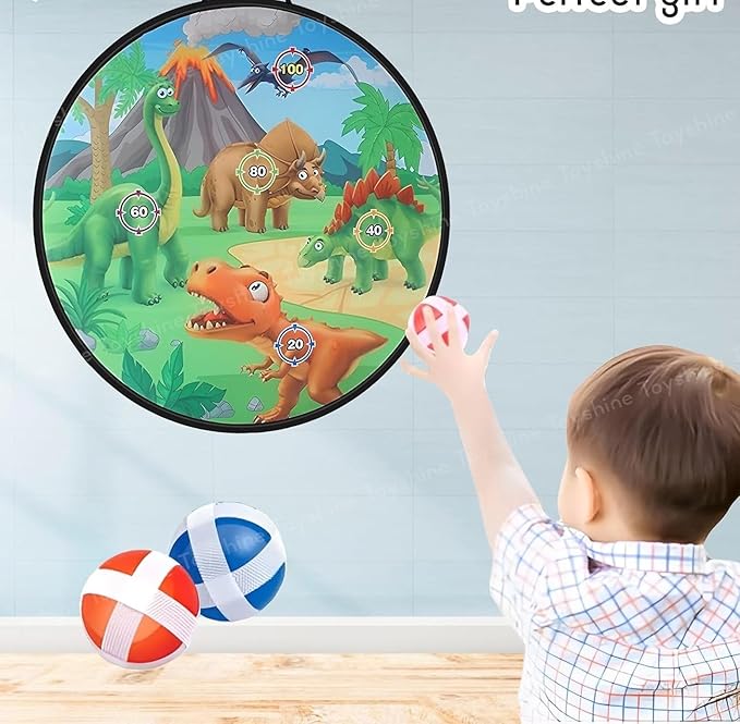 28-Inch Dinosaur Target Board Set, 73 cm Foldable Design, with 4 Balls, 4 Darts, 4 Flying Discs, Indoor Outdoor Game for Children