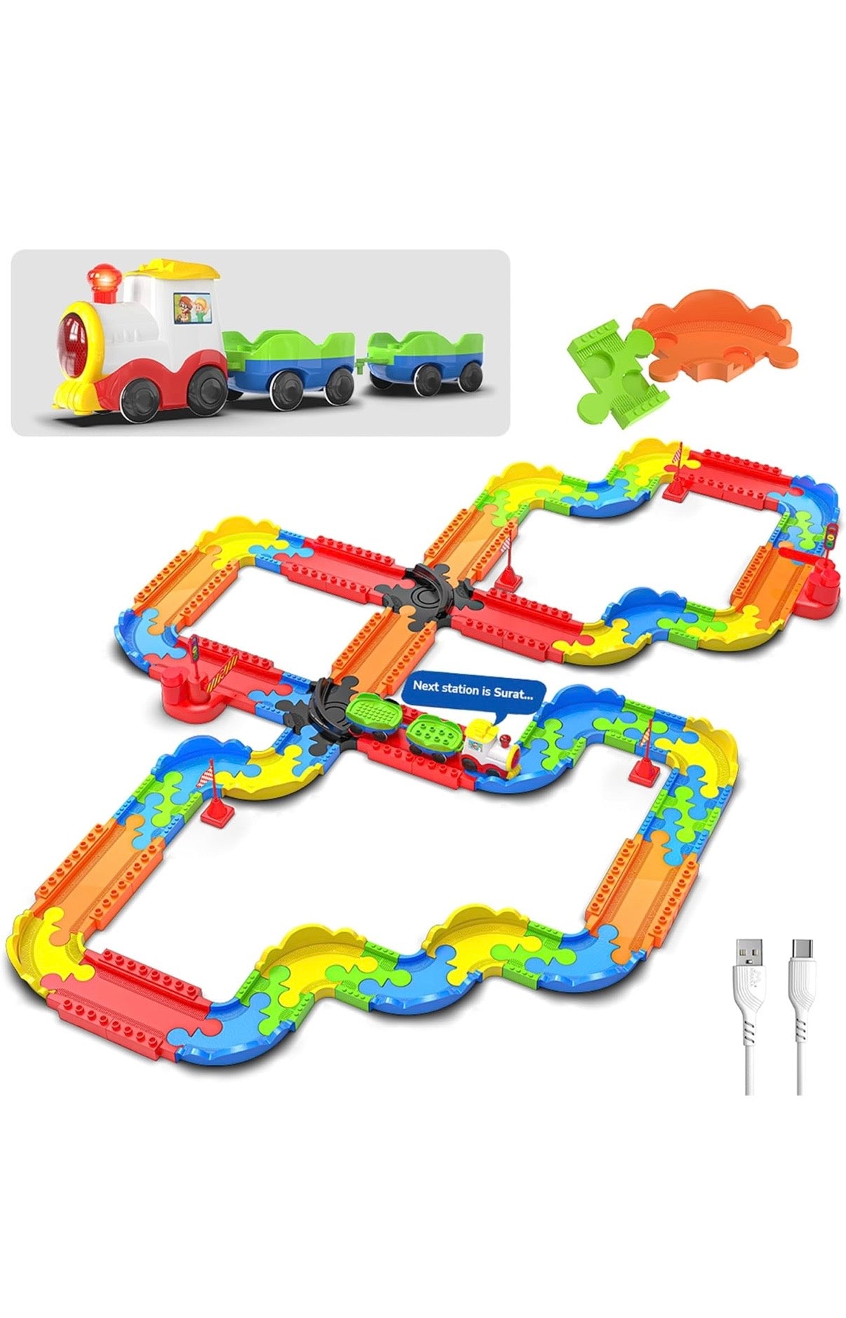 Block Rider Toy Train Set with Colorful & Multiple Track Layout, USB Rechargeable Type-C Engine, Various Sound Modes - Vande Bharat, Rajdhani, Delhi Metro,