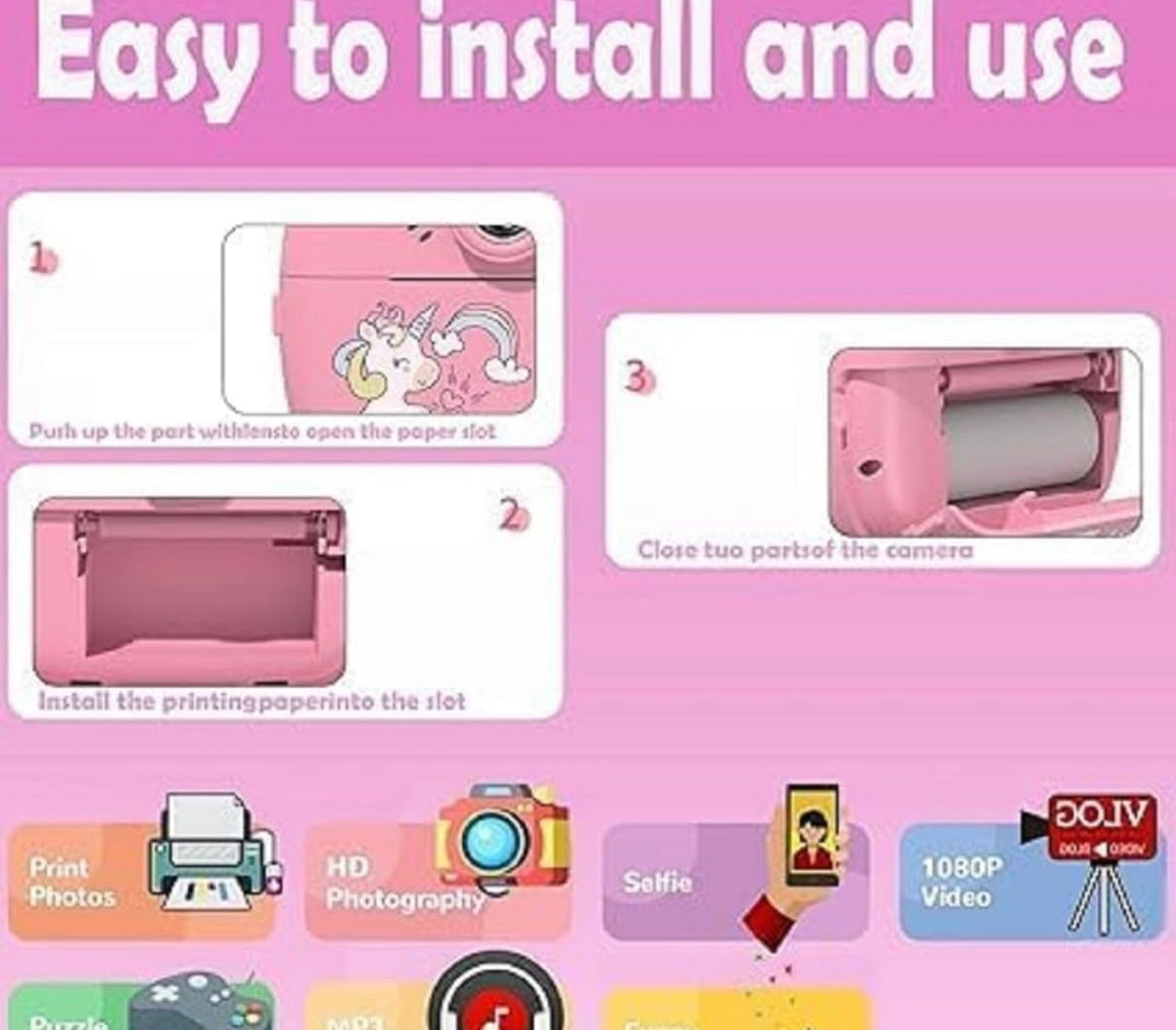 New Instant Print Camera for Kids, Inkless Print camera can play games 1080P HD Instant Print Photo, Birthday Gifts for Age 4 5 6 7 8 9 10 Girls Boys,