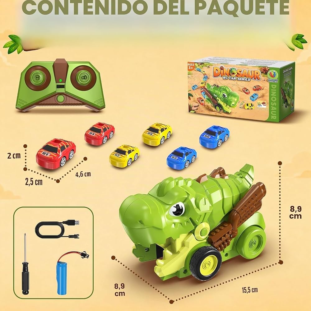 Remote Control Dinosaur Car Toy for Kids with 6 Magnetic Mini Racing Cars, RC Snake Game Dinosaur Vehicle, LED Lights & Sound Effects, Interactive Educational Toy Gift for Boys & Girls Age 3+