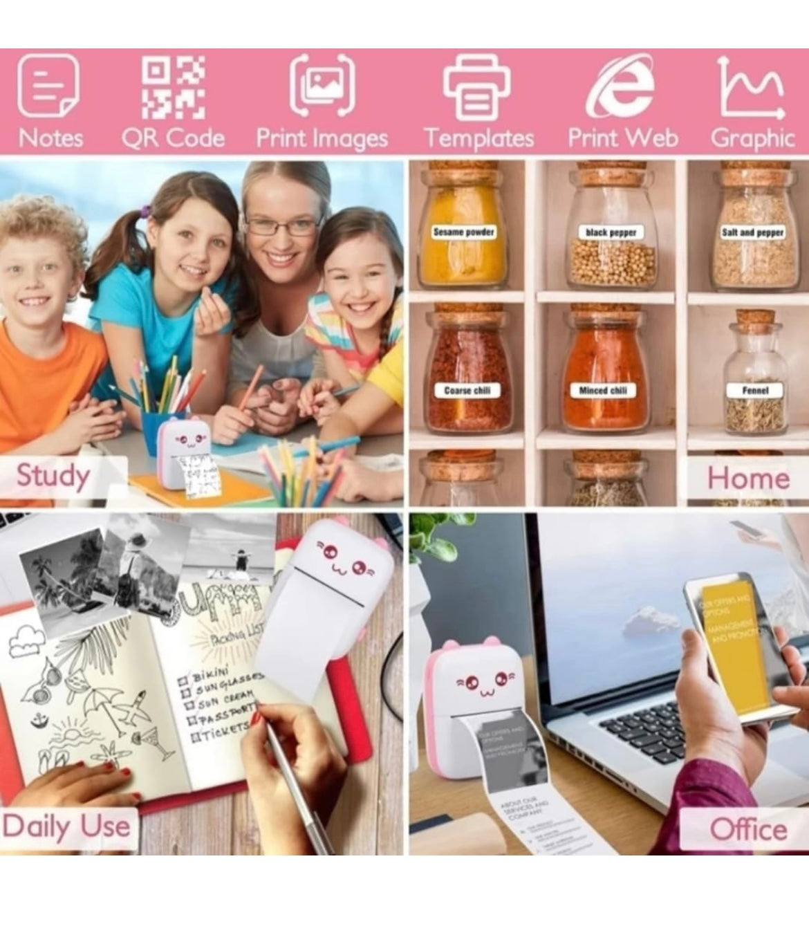 Mini Bluetooth Thermal Printer, Portable Printer Inkfree Printer for Android & iOS System, Black on White 1 Roll of Print Paper