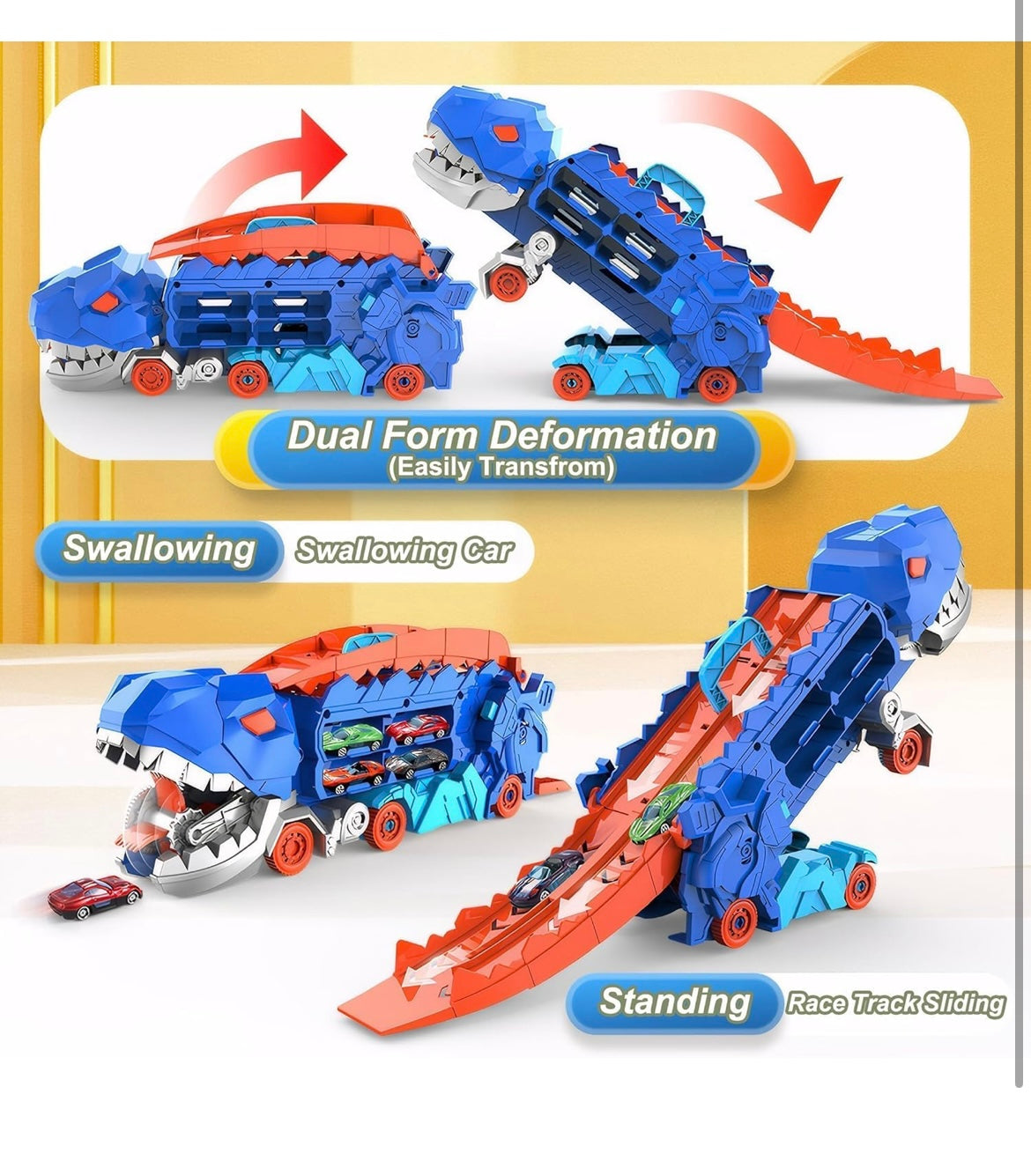2025 Big Dinosaur Hauler Track Toy, with Foldable Sliding Race Track,Transformable Into Standing Dinosaur Transporter City Hauler