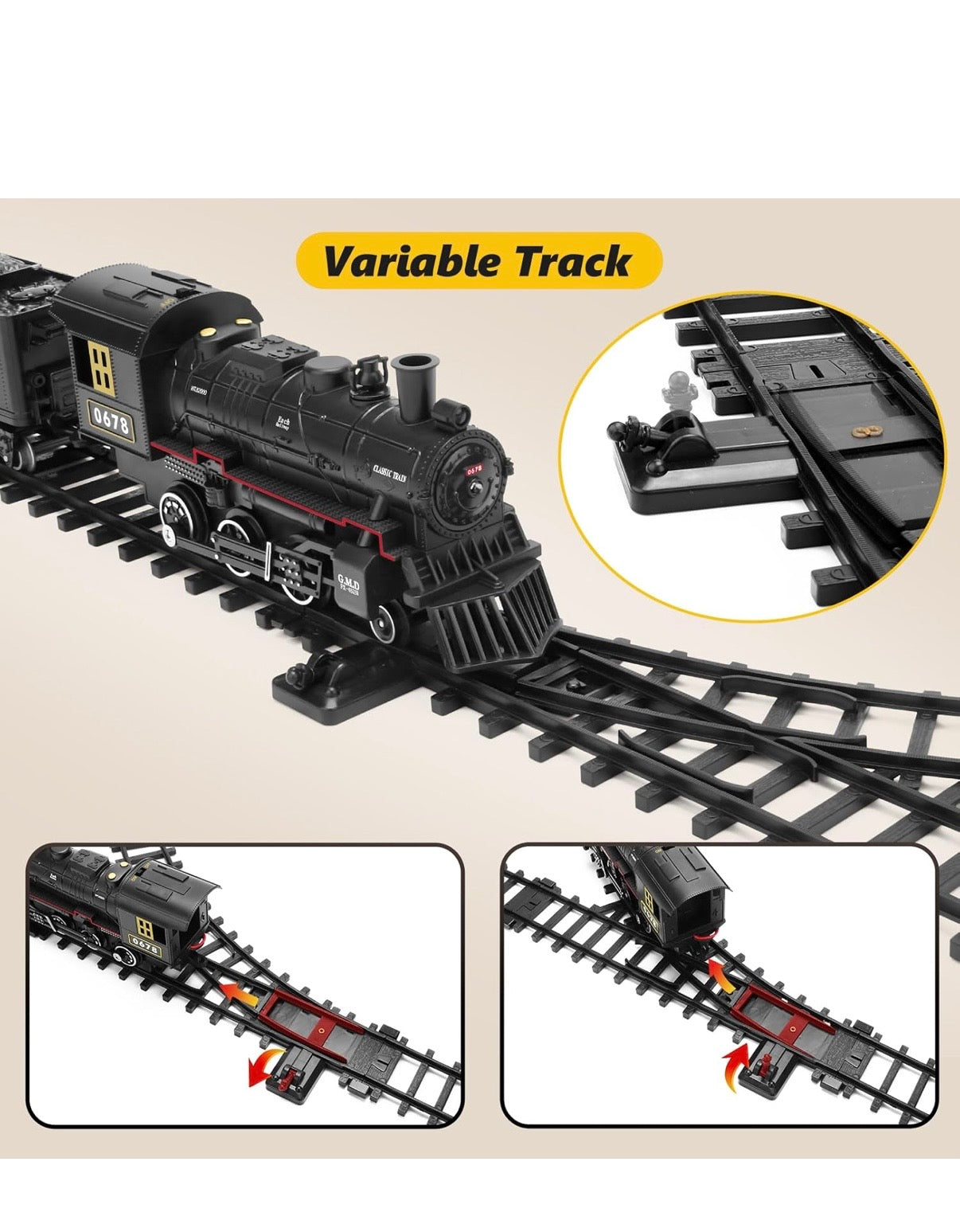 Metal engine Remote control Steam Locomotive Train Set for Kids - Electric Railway Kit w/ Coal Car, Passenger Coach, Cargo Car, Long Tracks, Smoke, Lights & Sound - Battery-Powered Toy Gift for Boys Girls