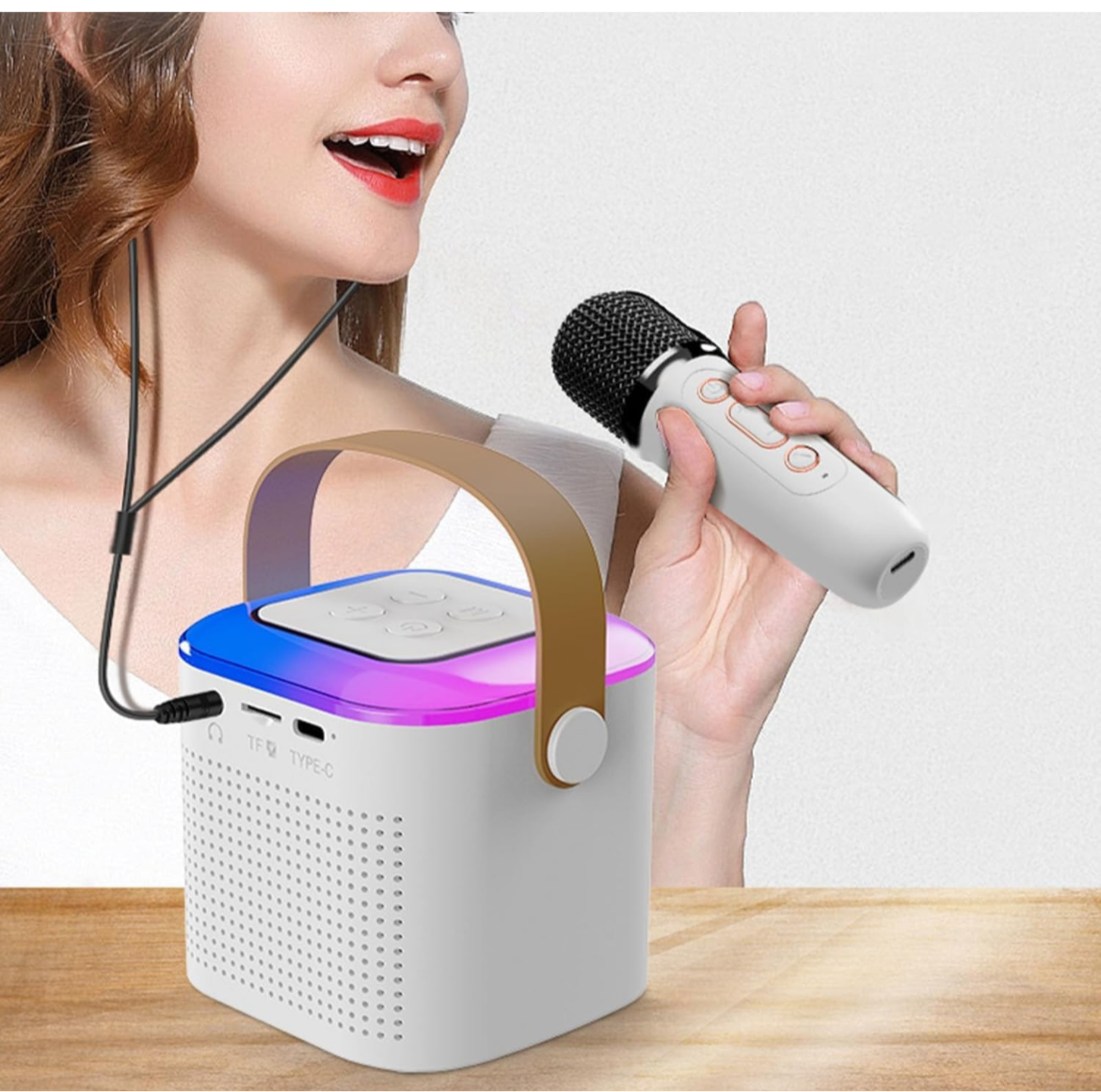 Dual mic Jukebox Wireless Bluetooth Speaker 10W with Wireless Karaoke MIc IVoice Changing Feature | Deep Bass I USB I TWS I AUX I Outdoor Speaker with Carrying Strap