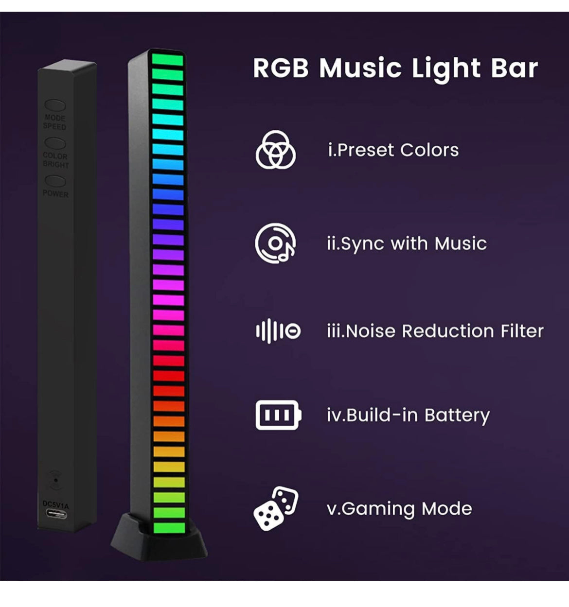 Wireless RGB Light Bar Sound Activated Rhythm Music Light for TV, Gaming, PC, Room, Desk, Party, Interior Decor LED Ambient Light - equalizer light with charger