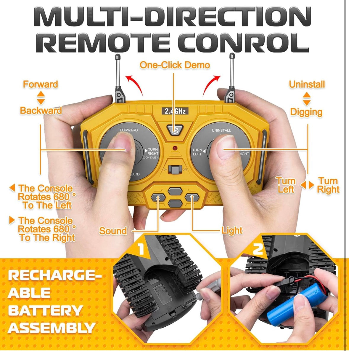 Remote Control Excavator Toys,11 Channel 1:20 RC Construction Vehicles,680° Rotation Hydraulic Car Toys,Truck Digger Toys