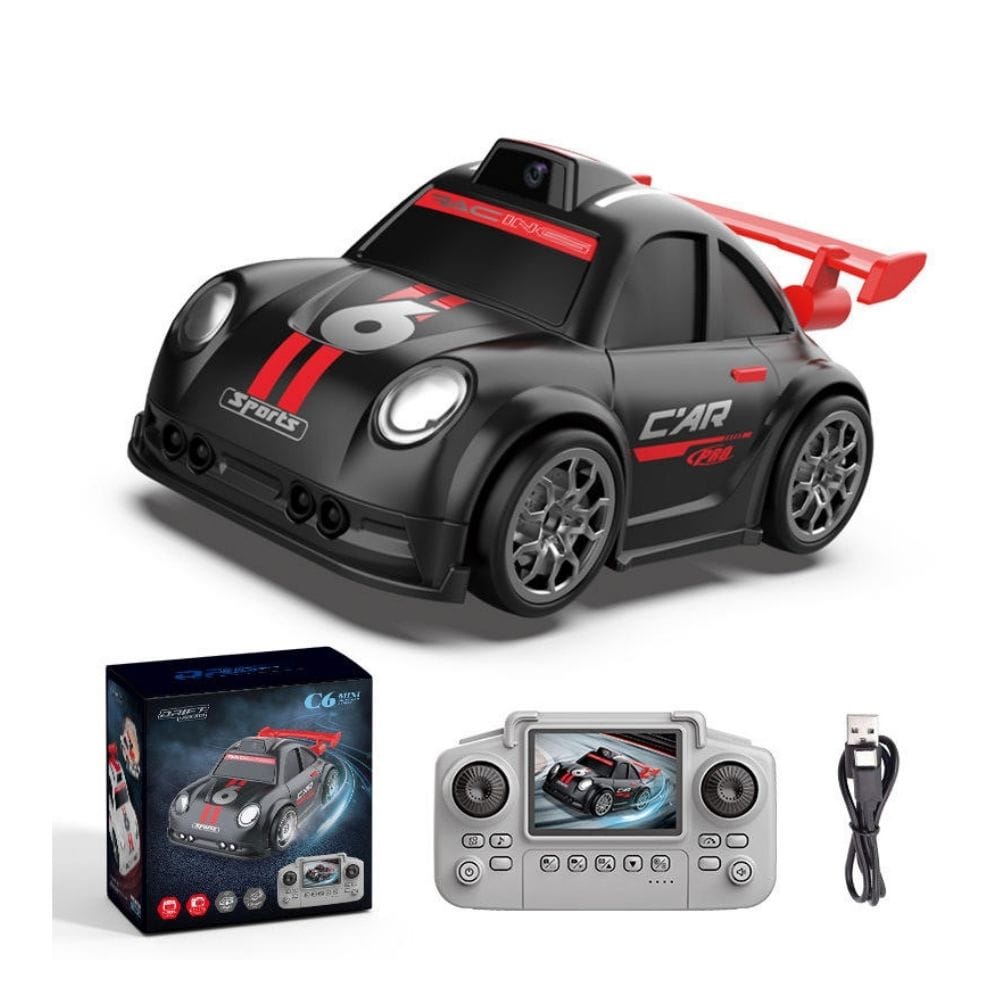 Mini Remote Control RC Drift Racing Car with camera and LED Lights C Sports Car with Camera, Black and Red, Remote Control with Screen(Black and white )
