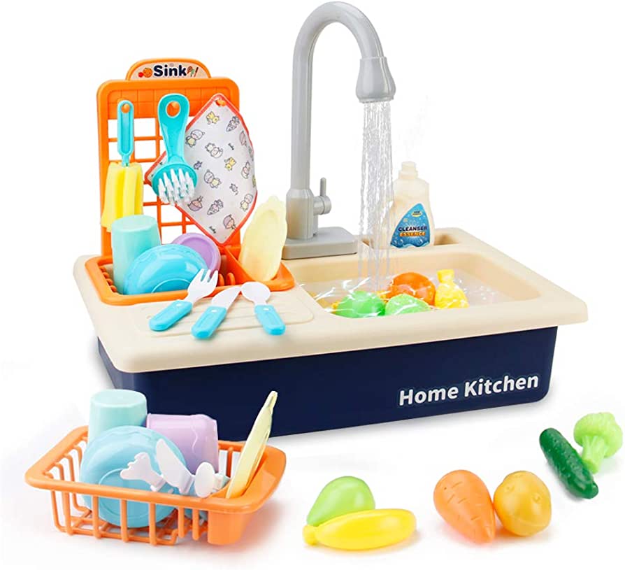 Play Sink with Running Water, Kids Play Kitchen Toy Sink Electronic Dishwasher,