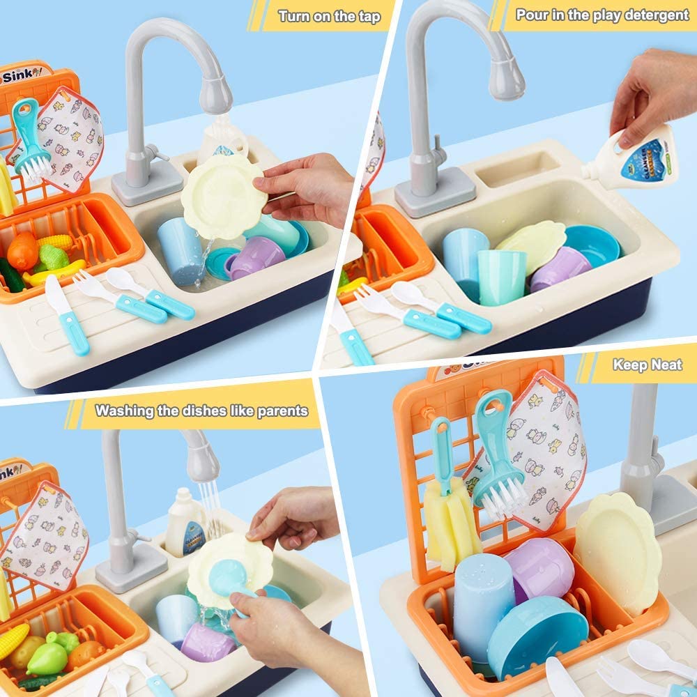 Play Sink with Running Water, Kids Play Kitchen Toy Sink Electronic Dishwasher,