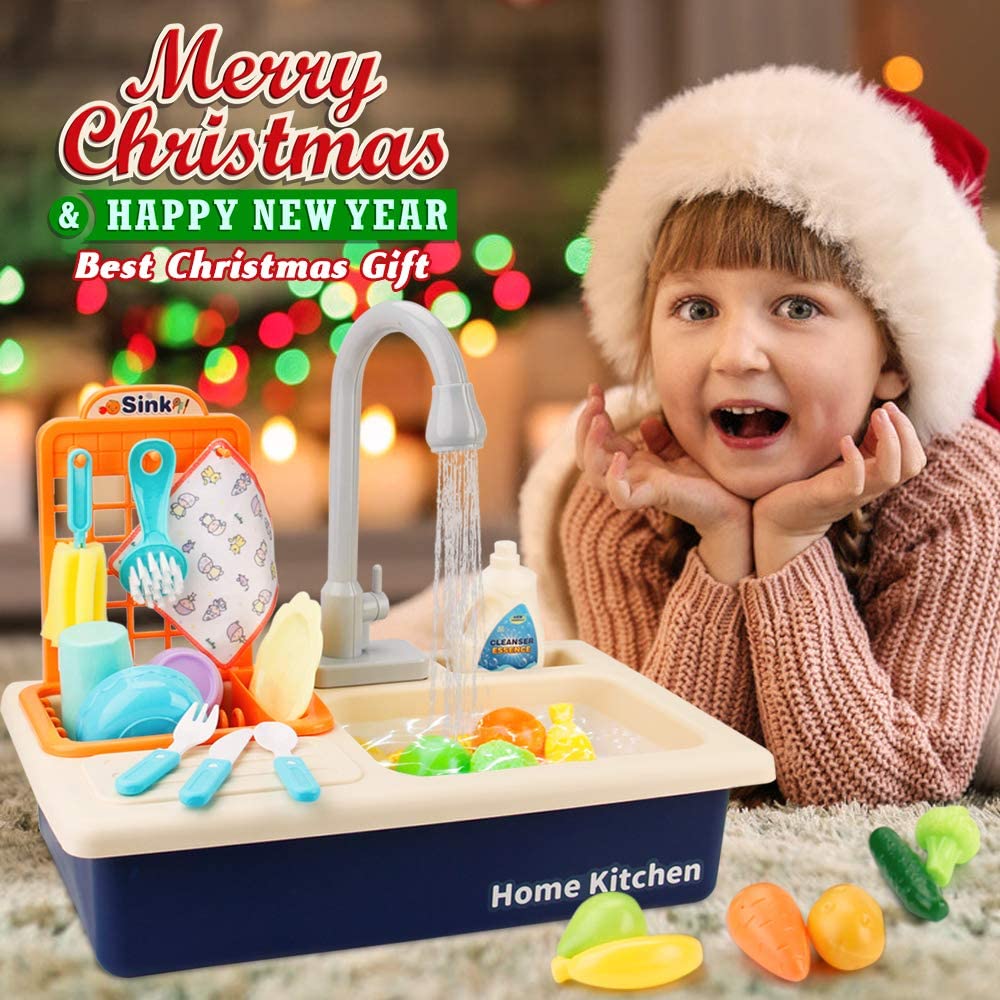 Play Sink with Running Water, Kids Play Kitchen Toy Sink Electronic Dishwasher,