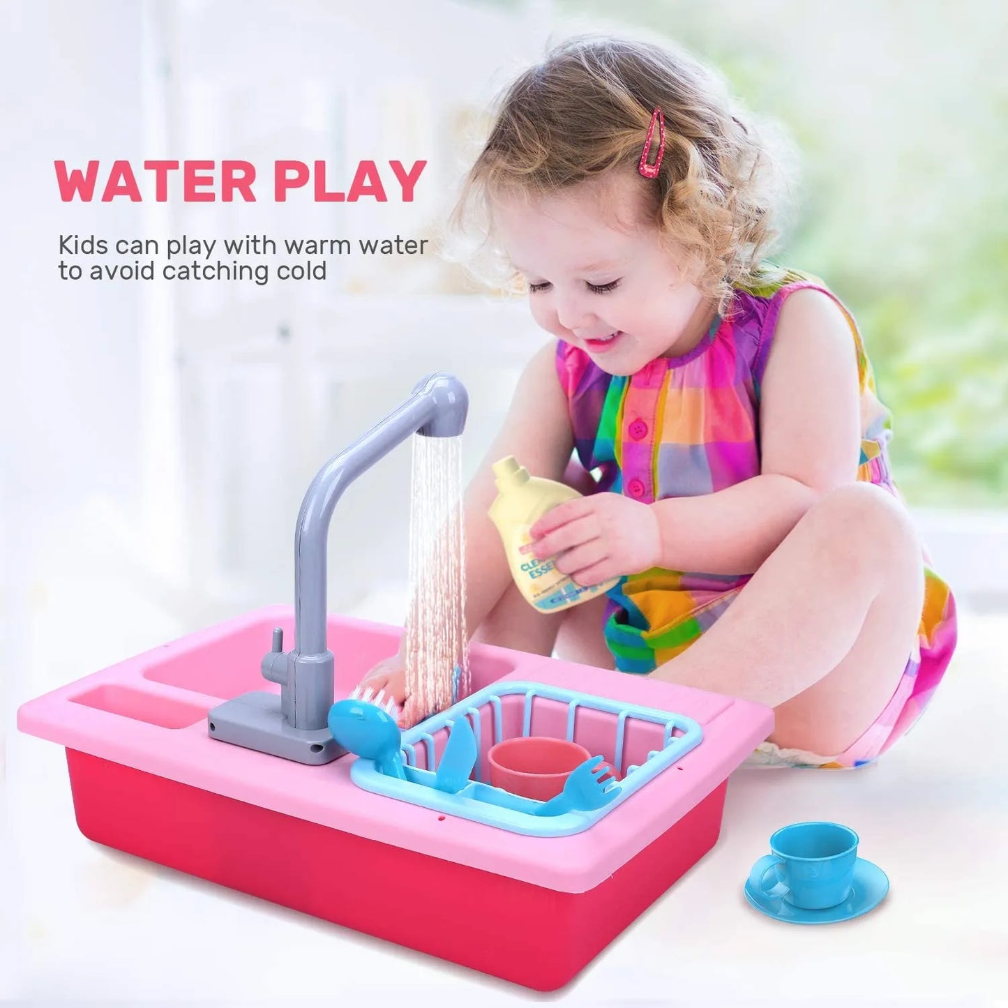 Play Sink with Running Water, Kids Play Kitchen Toy Sink Electronic Dishwasher,