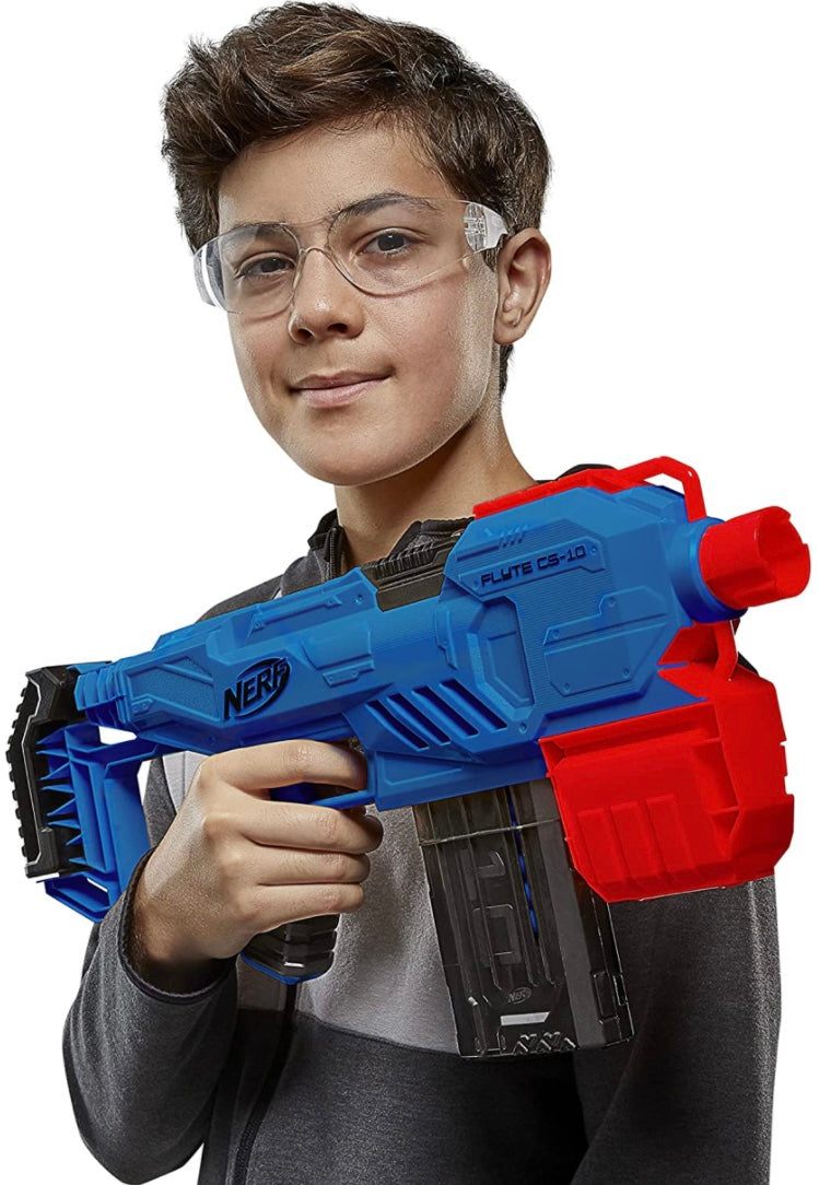 Nerf Alpha Strike Flyte CS-10 Motorised Blaster – 10-Dart Clip-Fed Blasting – 20 Official Nerf Elite Darts – for Kids, Teens, Adults, Multicolor (E8696)