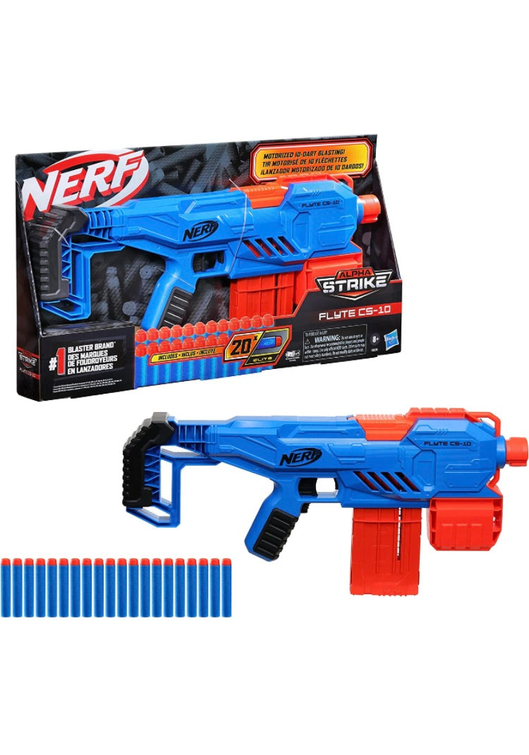 Nerf Alpha Strike Flyte CS-10 Motorised Blaster – 10-Dart Clip-Fed Blasting – 20 Official Nerf Elite Darts – for Kids, Teens, Adults, Multicolor (E8696)
