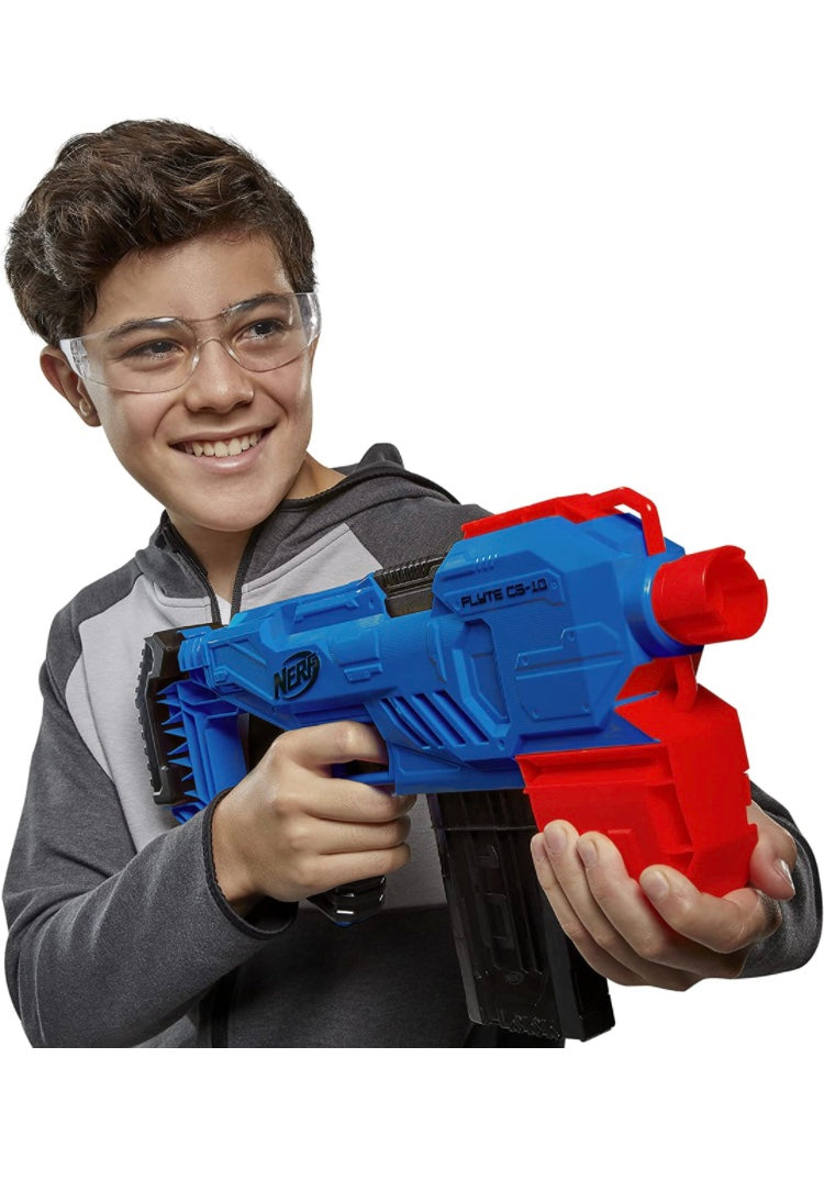 Nerf Alpha Strike Flyte CS-10 Motorised Blaster – 10-Dart Clip-Fed Blasting – 20 Official Nerf Elite Darts – for Kids, Teens, Adults, Multicolor (E8696)