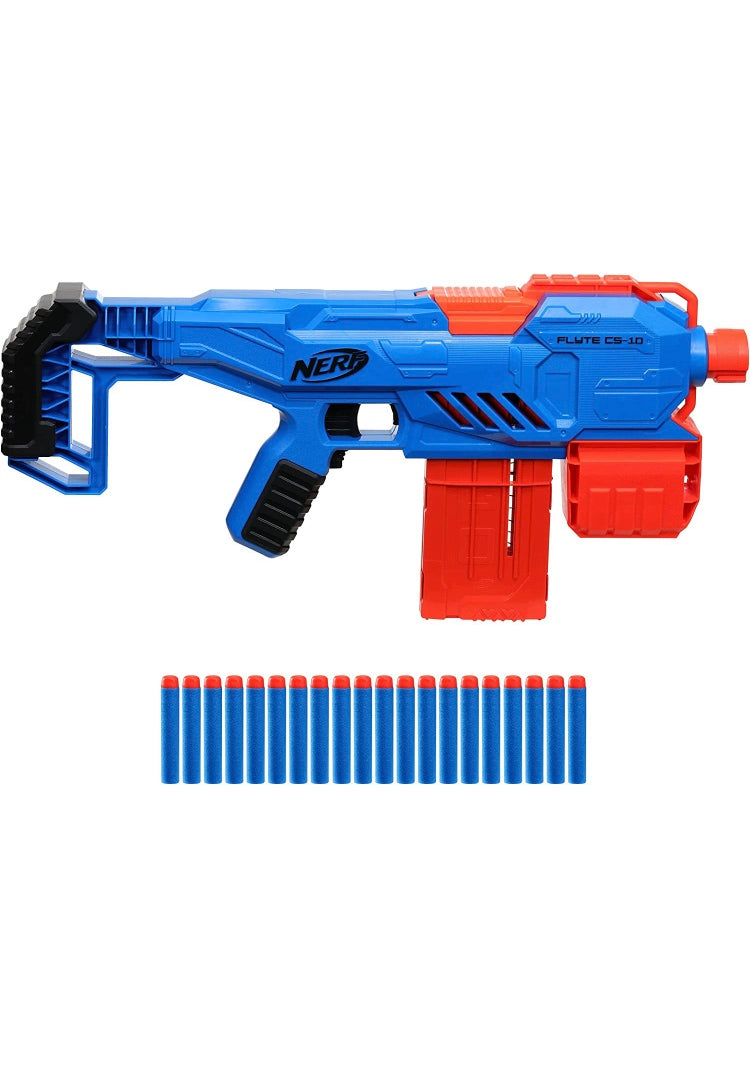 Nerf Alpha Strike Flyte CS-10 Motorised Blaster – 10-Dart Clip-Fed Blasting – 20 Official Nerf Elite Darts – for Kids, Teens, Adults, Multicolor (E8696)