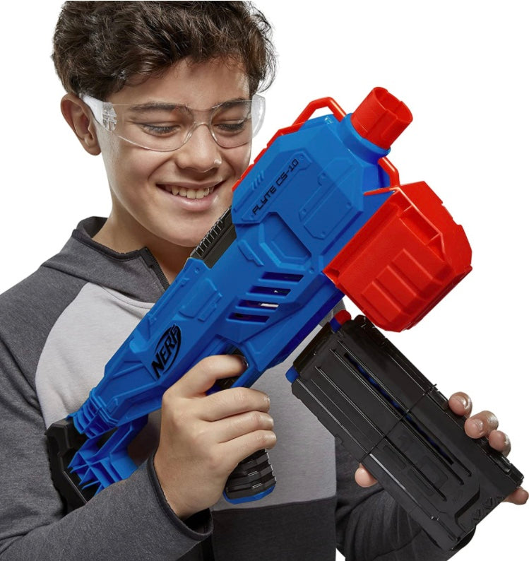 Nerf Alpha Strike Flyte CS-10 Motorised Blaster – 10-Dart Clip-Fed Blasting – 20 Official Nerf Elite Darts – for Kids, Teens, Adults, Multicolor (E8696)