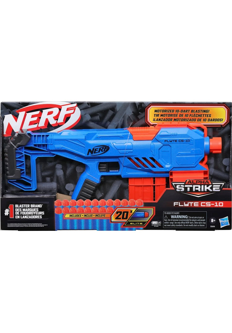 Nerf Alpha Strike Flyte CS-10 Motorised Blaster – 10-Dart Clip-Fed Blasting – 20 Official Nerf Elite Darts – for Kids, Teens, Adults, Multicolor (E8696)
