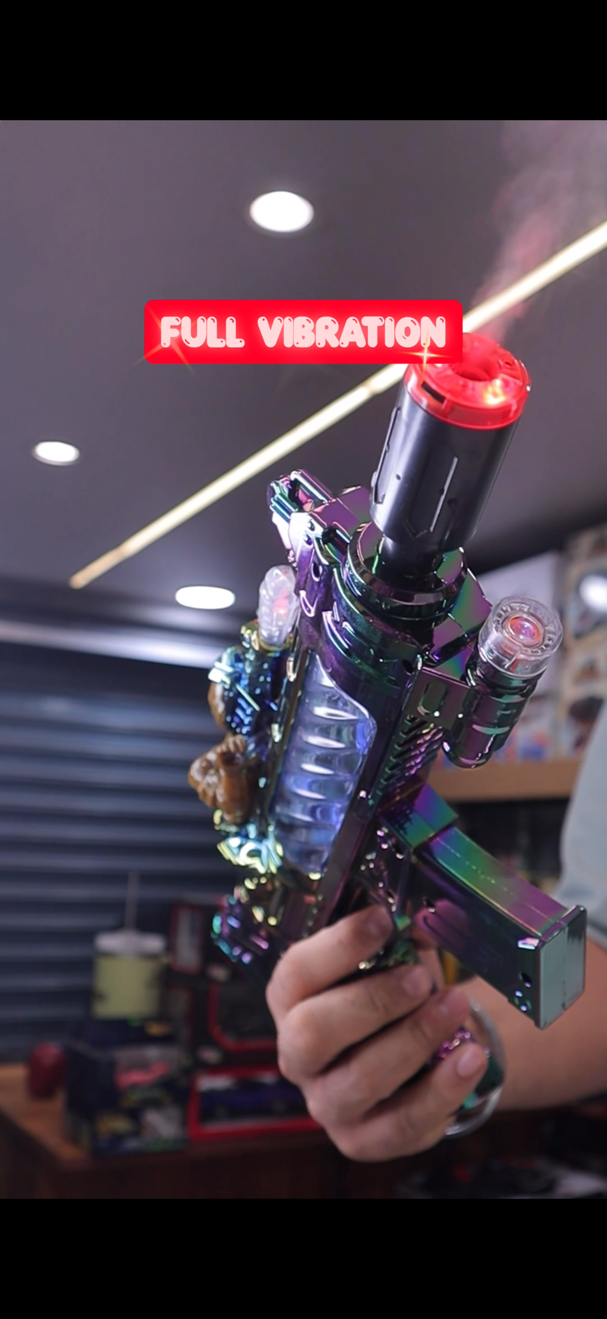 (Holly wood Flame Musical gun With Moving Top Loader and smoke Telescopic Barrel And Target Projection Effect - vibrating gun with lights and music