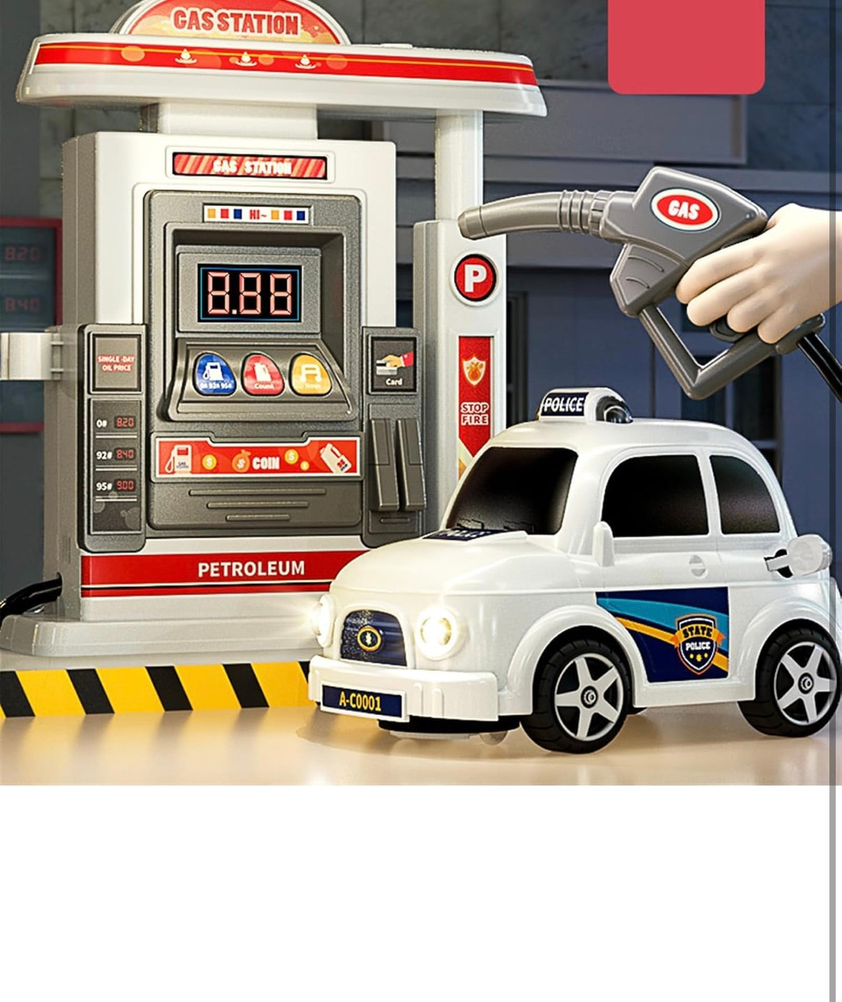 Battery-Operated Mini DIY Gas Station Simulation Model Interactive Refueling Pump & Car Toy Along with Mist Spray Feature Music &Lights Learning Toy for Kids Boys Girls 4+