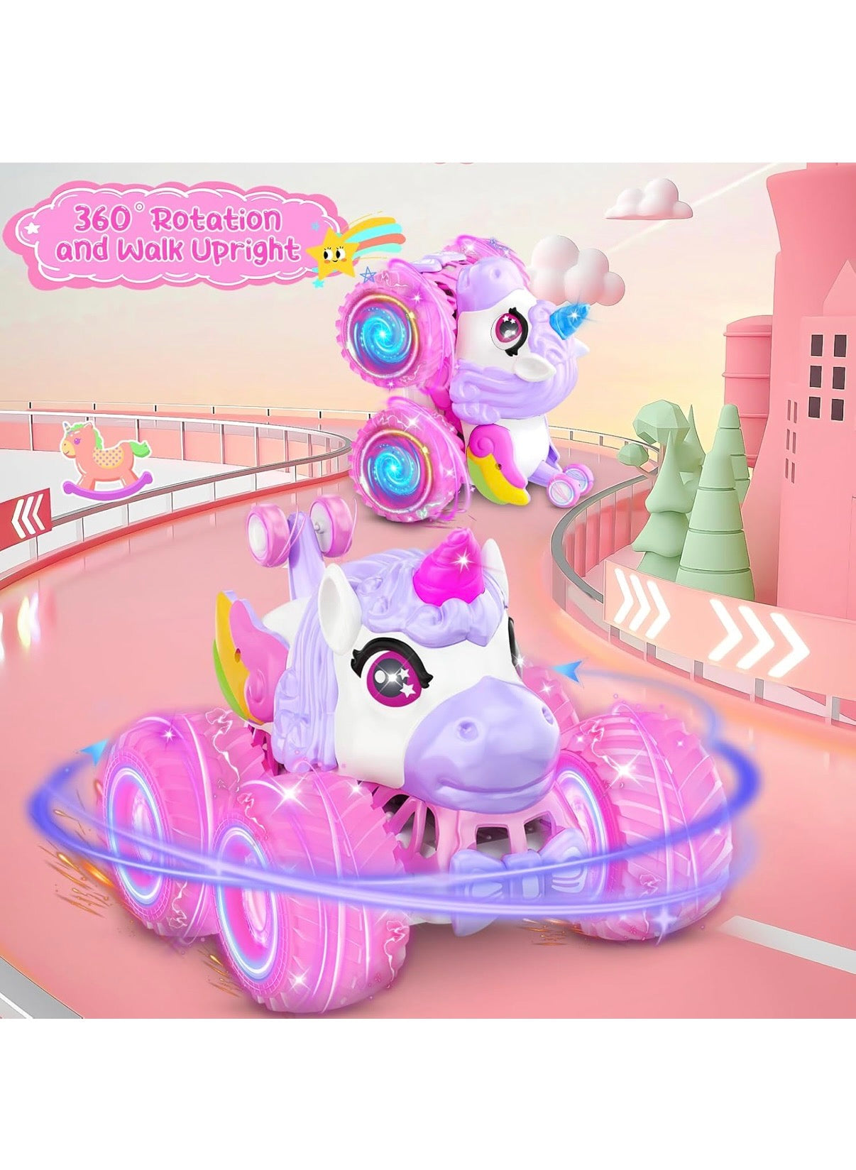 360° Rotating Unicorn Monster Truck, 4WD RC Stunt Cars with Light and Music, 2.4 GHz, Rechargeable, Various Terrain Truck, Unicorn Toys, Christmas, Birthday Gift Age 3-10