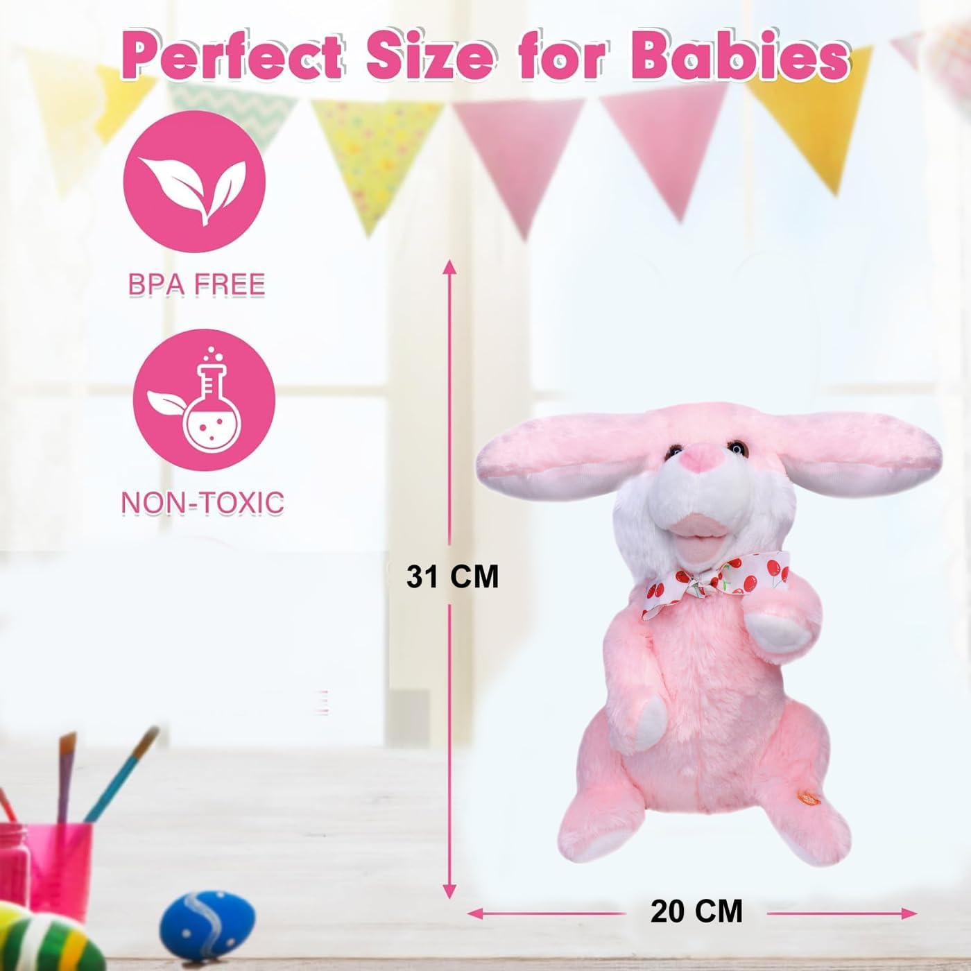 Musical Singing Bunny Plush Toy | Interactive Bunny with Music & Movable Ears | Musical rabbit with dancing ears and songs- rechargeable battery with recording features