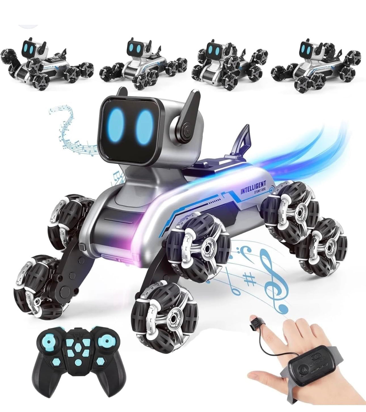 Premium RC Robot Dog, 8WD Remote-Control with Cool Light, 2.4Ghz All Terrain RC Stunt, Remote Control & Gesture Control Watch