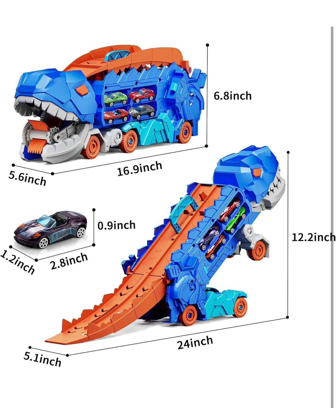 Big Dinosaur Hauler Track Toy, with Foldable Sliding Race Track,Transformable Into Standing Dinosaur Transporter City Hauler