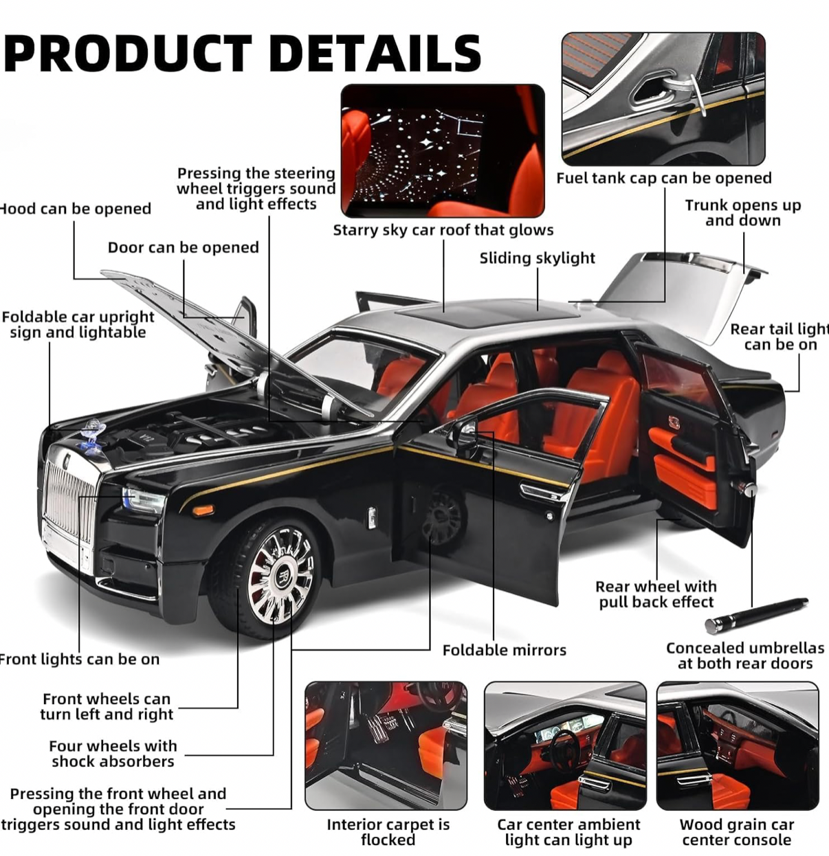 Real model Alloy Metal Pull Back Die-cast Car 1:18 Rolls Royce Phantom with lights and roof- Openable door with Light & Music