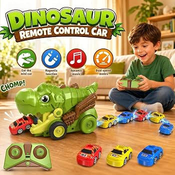 Remote Control Dinosaur Car Toy for Kids with 6 Magnetic Mini Racing Cars, RC Snake Game Dinosaur Vehicle, LED Lights & Sound Effects, Interactive Educational Toy Gift for Boys & Girls Age 3+