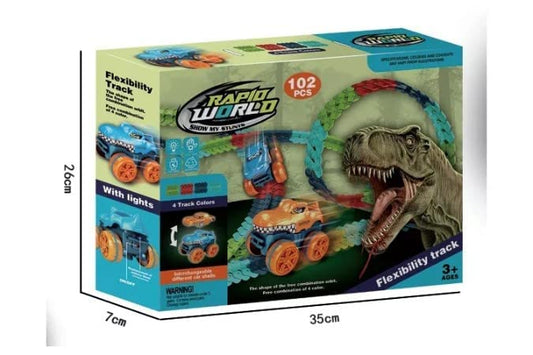 Monster Wheels Dinosaur Race Track Set, 102 Pieces, Light-up LED Car with Flexible Track, Battery Operated Racing Toy for Ages 3-10 Years
