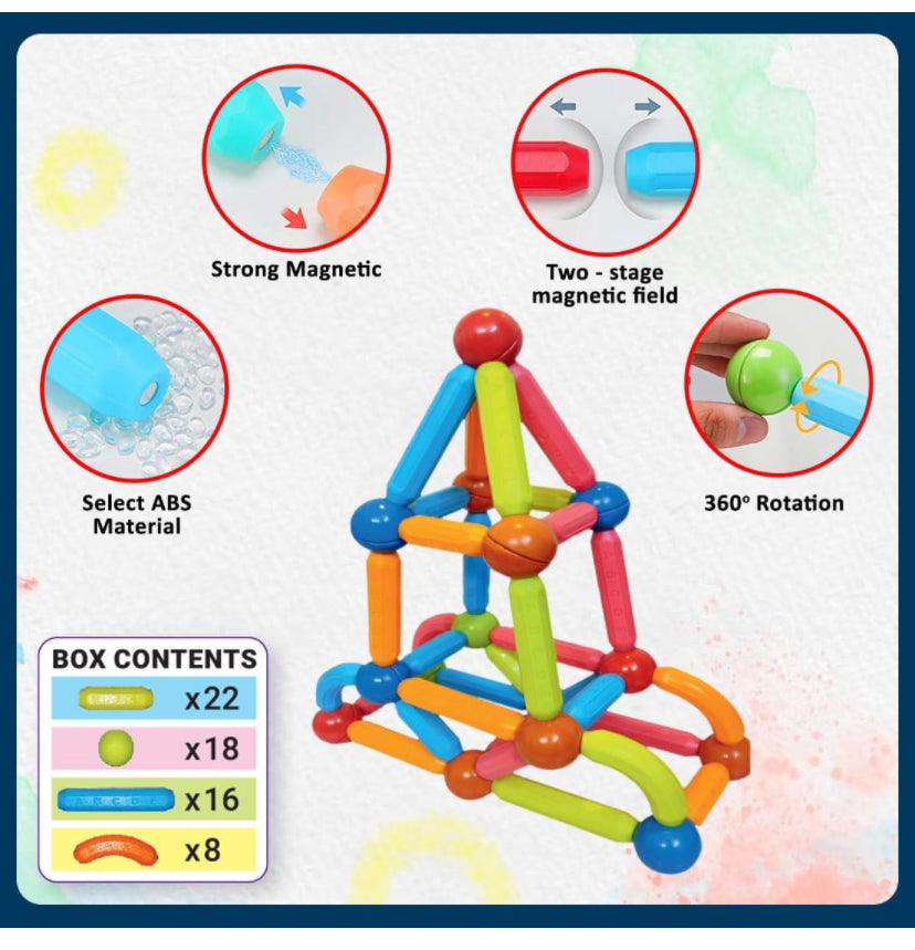 Magnetic Sticks Building Blocks for Kids (64 pieces) - roundel stock blocks- construction building blocks