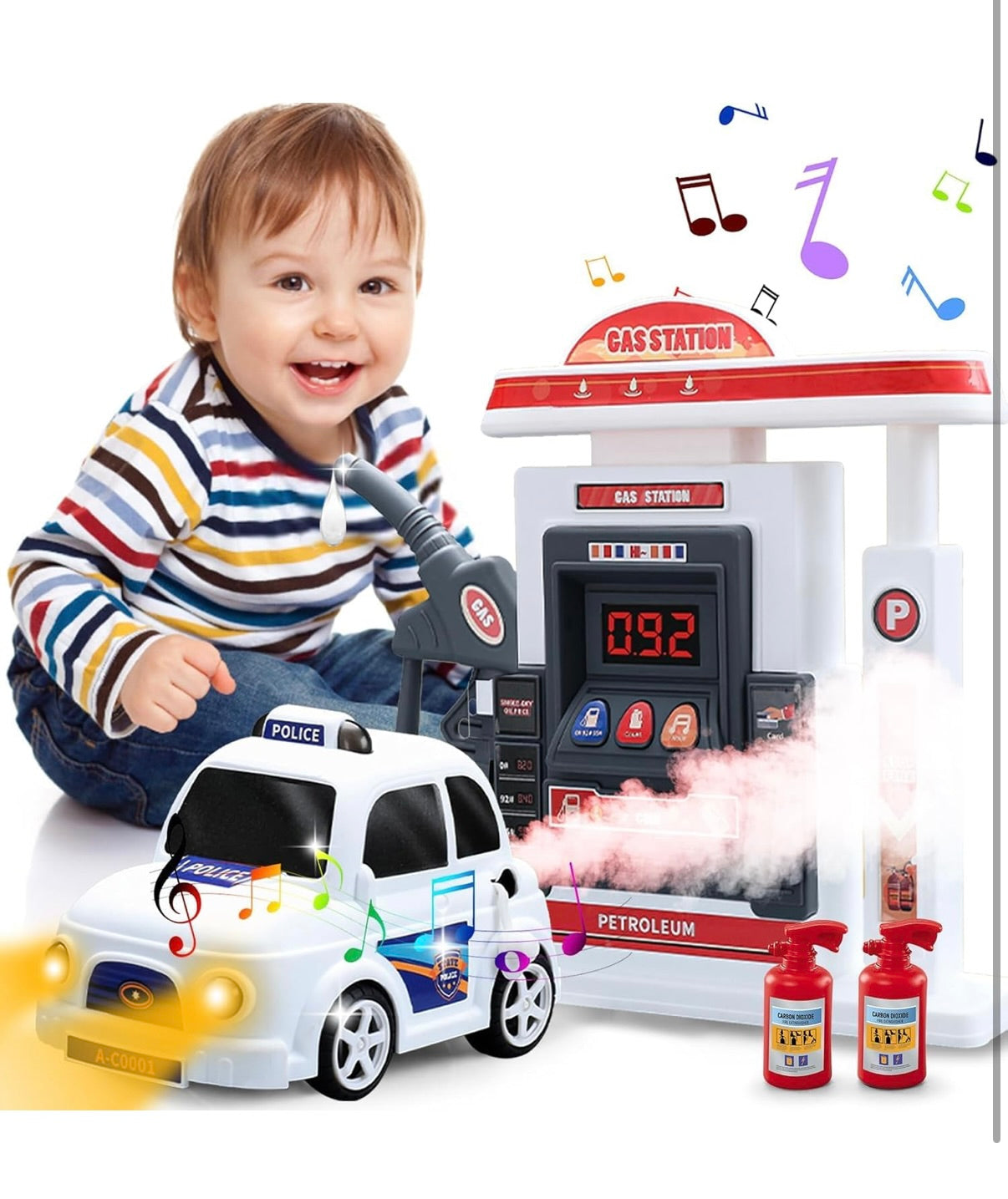 Battery-Operated Mini DIY Gas Station Simulation Model Interactive Refueling Pump & Car Toy Along with Mist Spray Feature Music &Lights Learning Toy for Kids Boys Girls 4+