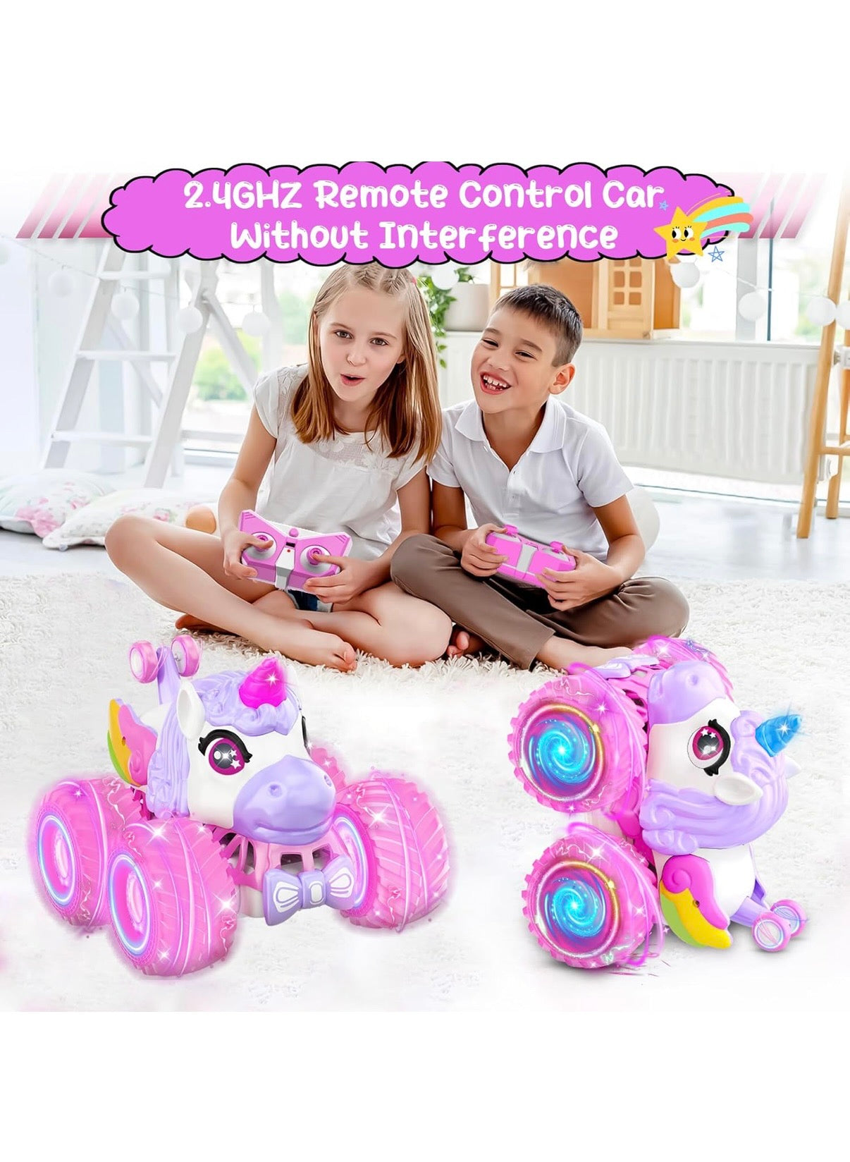 360° Rotating Unicorn Monster Truck, 4WD RC Stunt Cars with Light and Music, 2.4 GHz, Rechargeable, Various Terrain Truck, Unicorn Toys, Christmas, Birthday Gift Age 3-10