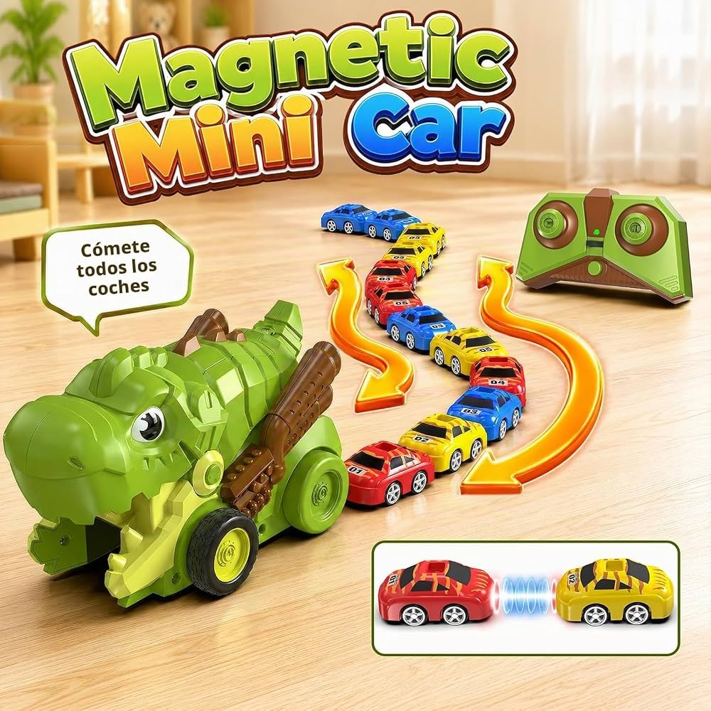 Remote Control Dinosaur Car Toy for Kids with 6 Magnetic Mini Racing Cars, RC Snake Game Dinosaur Vehicle, LED Lights & Sound Effects, Interactive Educational Toy Gift for Boys & Girls Age 3+