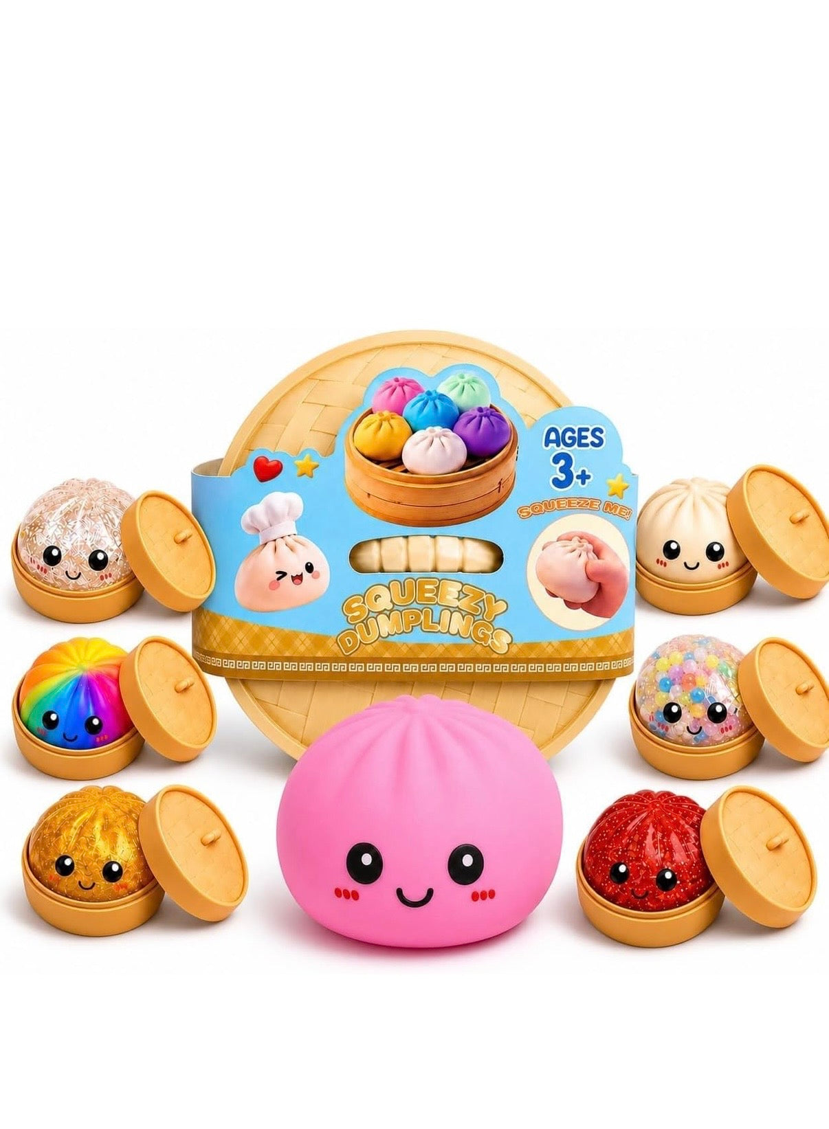 12 Pcs Full  Box Big Size set sparkle Squishy Bun Toys Stress Relief Fidget Toys Soft Squeeze Steamed Bun Dumpling Mochi Squishies Sensory Toys for Adults Party Return Gifts Desk Toys with Display Box