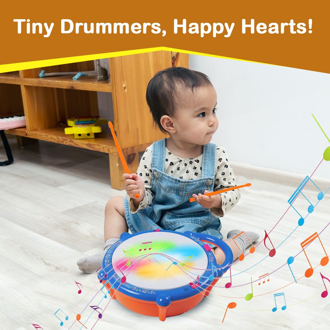 Flash Drum with 3D Lights and Music Multi Color - stick drum for kids Drum Toy with Flash Light & Music Effects | Dynamic Musial Instrument Toy with 2 Mallets for Toddlers
